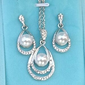 Pearl Gold Rhinestone Necklace Drop Earrings Necklace Jewelry Set